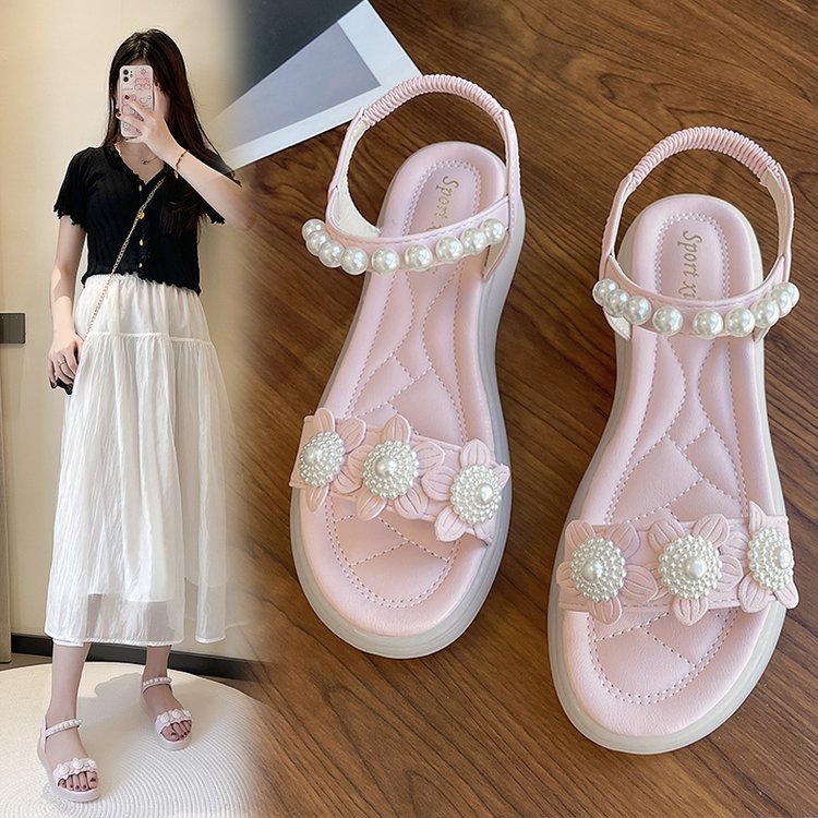Free shipping Designer Women's Summer 2025 New fairy-style flat sandals, pearl flower round toe thick-soled sandals, look super nice with a skirt