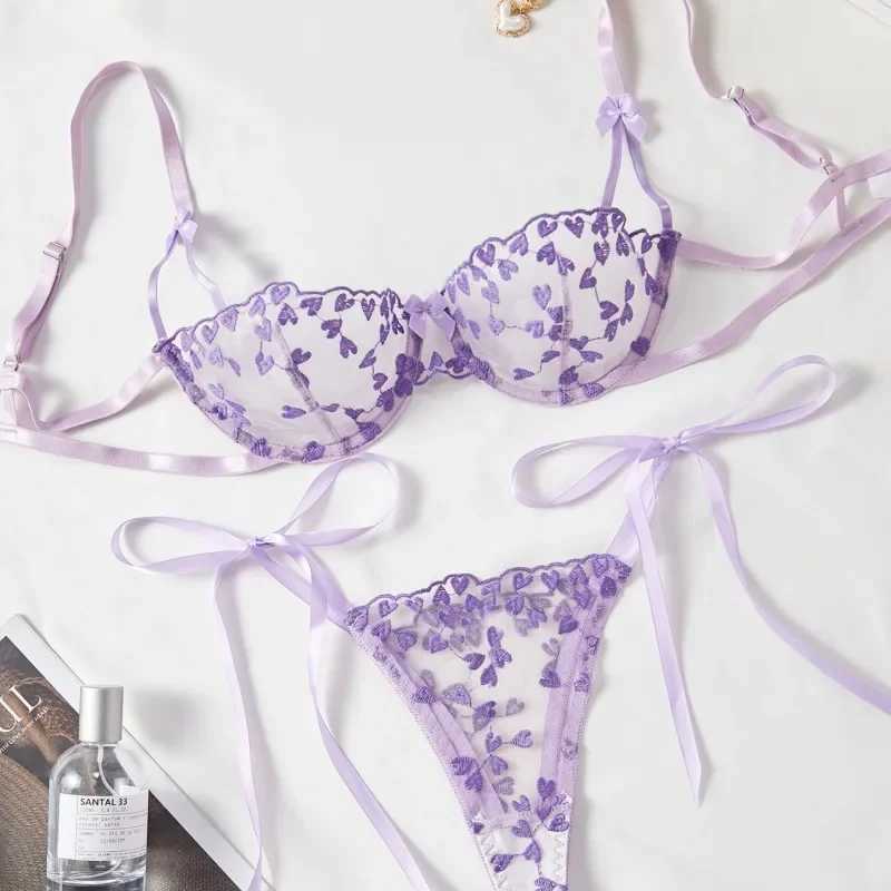 Piece Set Love Embroidered Sexy Underwear Suit for Women Mesh Patchwork See-Through with Steel Ring Sexy Lingerie New R250520