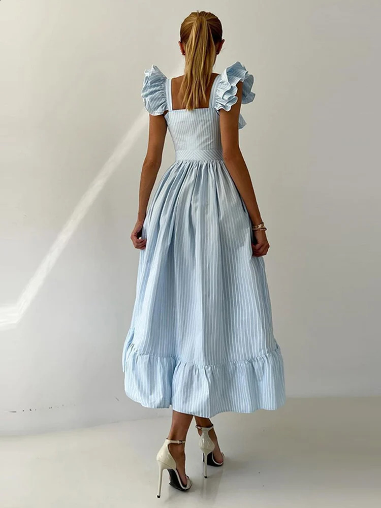 Flying Sleeves Striped Flounce Halter Dress Woman Waist Cinching Single Breasted A-Line Robes Chic Fashion Womens Long Dresses 250519