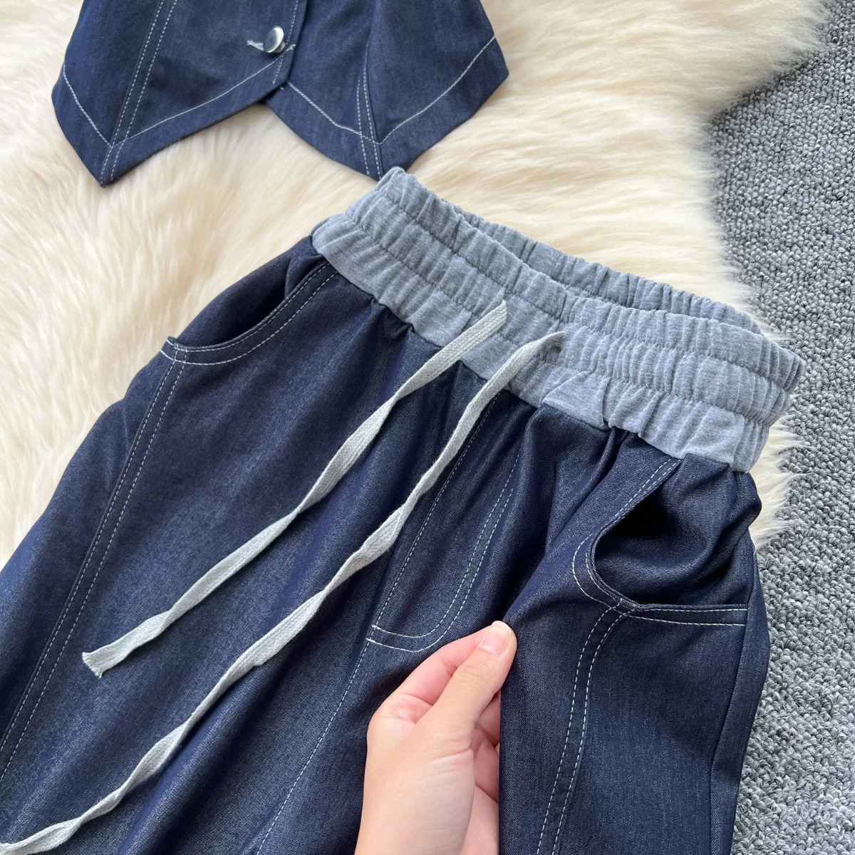 Two Piece Set Women Pant Sets V Neck Denim Y2k Streetwear Matching Sets Vest Top Wide Leg Long Pants Lace Up High Waist 250516