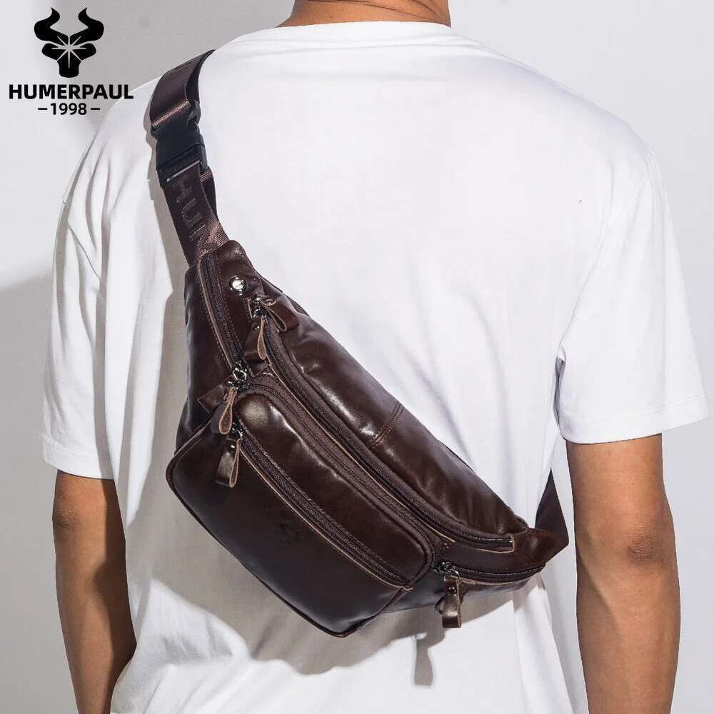 HUMERPAUL Genuine Leather Waist Casual Fanny Pack For Men Multifunction Outdoor Chest Bag Phone Pouch Travel Crossbody Bages
