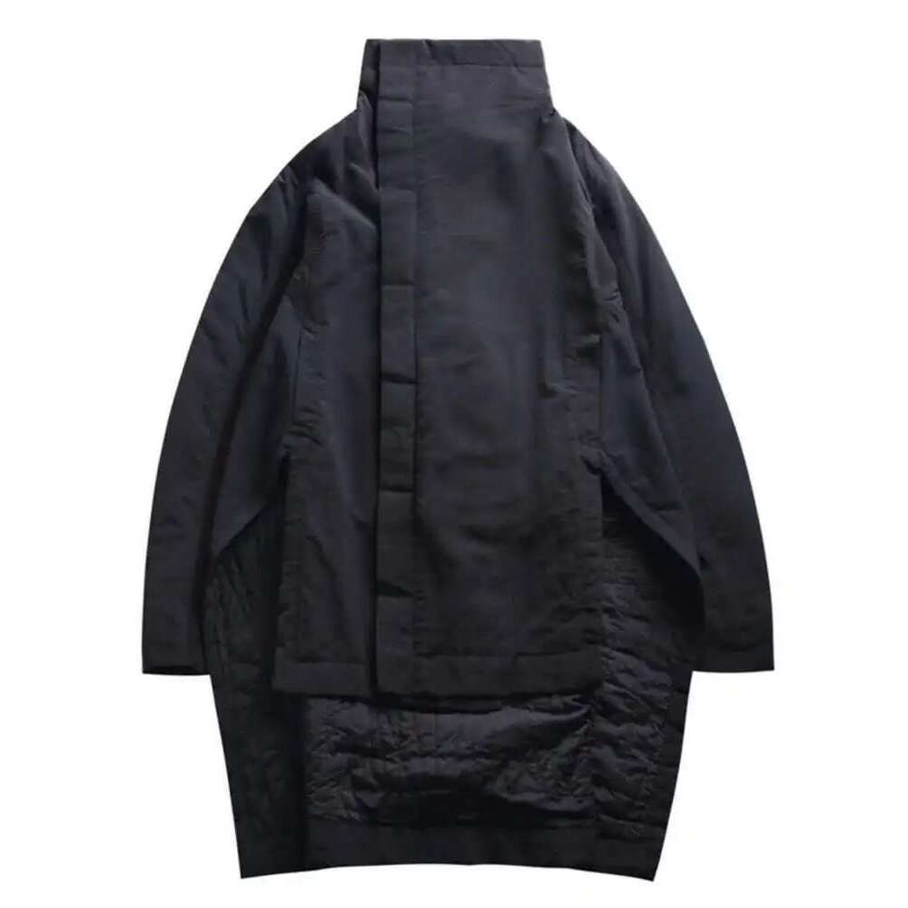 EAM 2024 New Fashion Winter Stand Collar Irregular Long Type Cotton-Padded Clothes Loose Coat Black Jacket Woman Ya771 Designer