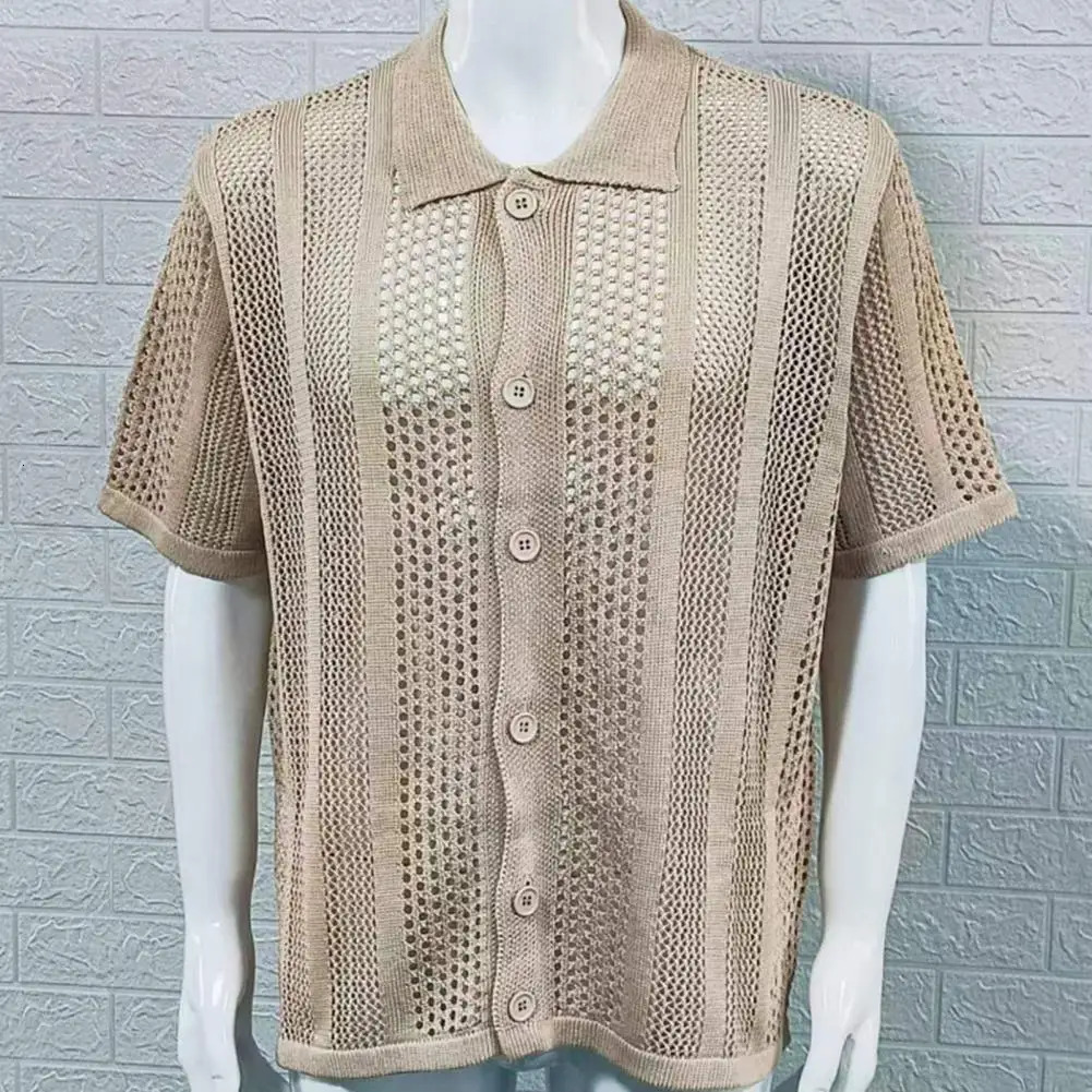 Summer Thin Knit Men s Shirt With Short Sleeves And Hollowed Out Cardigans European American Muscle Clothing Top 250520