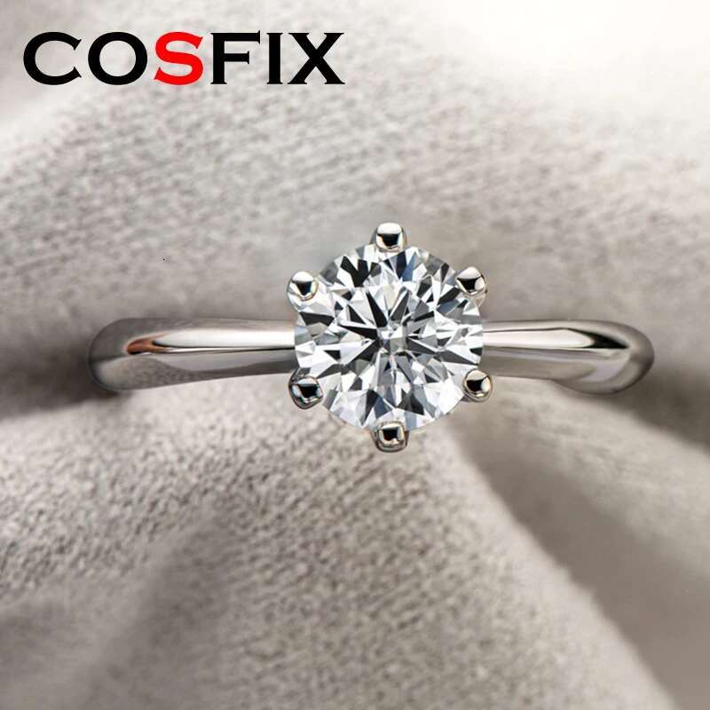 COSFIX Classic 0.5-3.0ct Round Brilliant Cut D-E Color Moissanite Diamond Ring Certified Created Real 925 Silver Engagement Ring