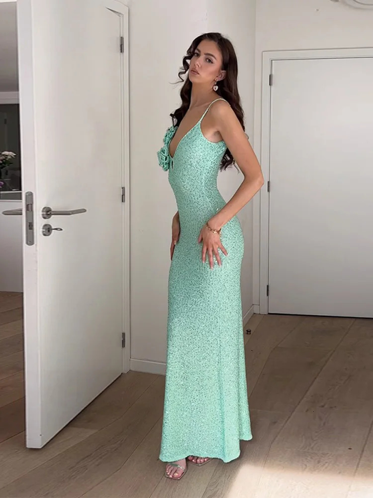 Sexy Sequin 3D Flower Long Beach Dress Women Retro Knitted V-neck Sleeveless Glitter Sling Dresses Female Chic Holiday Vestidos 250517