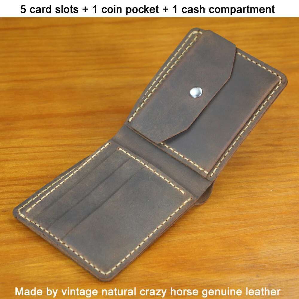Handmade Genuine Men Bifold Purse Male Short Wallet with Coin Pocket Clips Vintage Leather Money Bag
