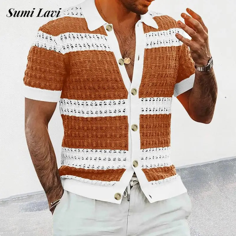 Seaside Beach Casual Shirts Mens Spring Summer Fashion Striped Knitting Cardigan Tops For Men Vintage Buttoned Lapel Shirt 250520