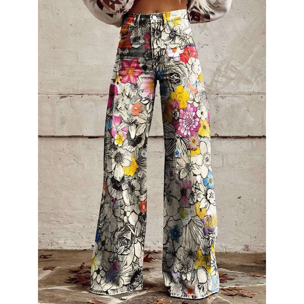 Women's Casual High-Waisted Wide-Leg Jeans - Printed Stretch Design for All-Day Comfort