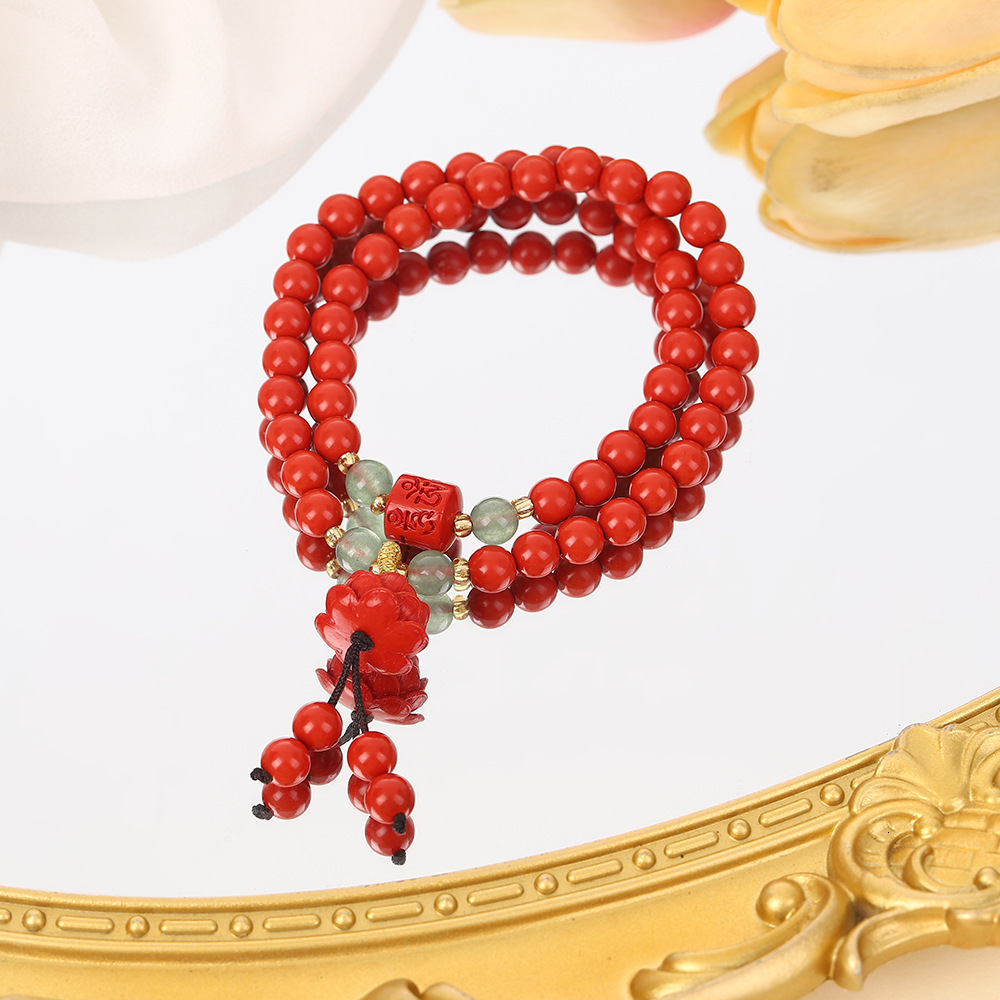 style red gauze double circle bracelet, Chinese Zen lotus pendant, women's zodiac year gift, creative bracelet