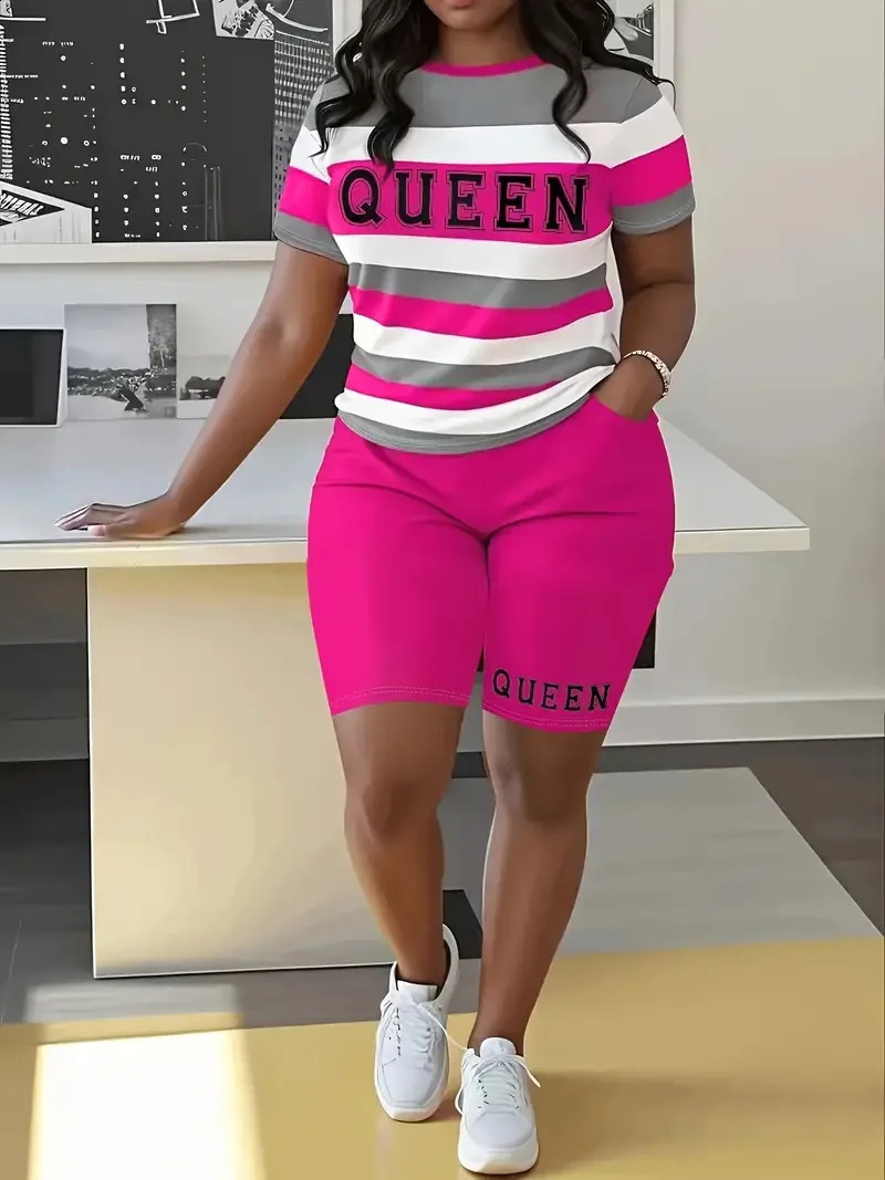 Plus Size Summer Outfits Biker Shorts Set Crew Neck Short Sleeve Positioning Printing Queen 2 Piece Women 250516