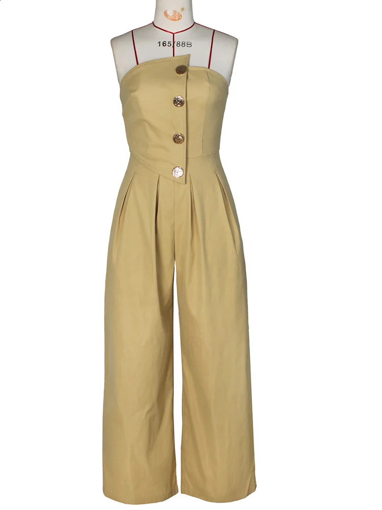 Beyprern Chic Button Details Palazzo Jumpsuit One Piece Outfits Womens Ruched Strapless Wide Legs Jumpsuits Romper Clubwear 250519