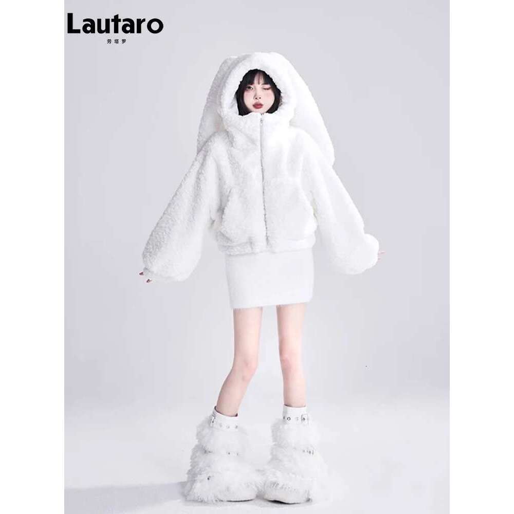 Lautaro Autumn Winter Sweet Cute Lovely Warm Soft White Short Faux Fur Coat Women With Bunny Ears Fluffy Jacket Hoodie 2023