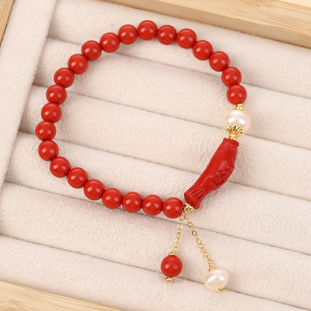 Pearl Bracelet with Fish Every Year, New Year Flowers, Boutique Women's Red Good Luck Jewelry