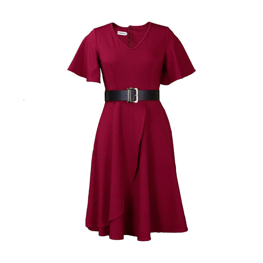 Women's Wear D297p Belt 2022 Summer New Women's Loudsleeves Solid Color Large Dress