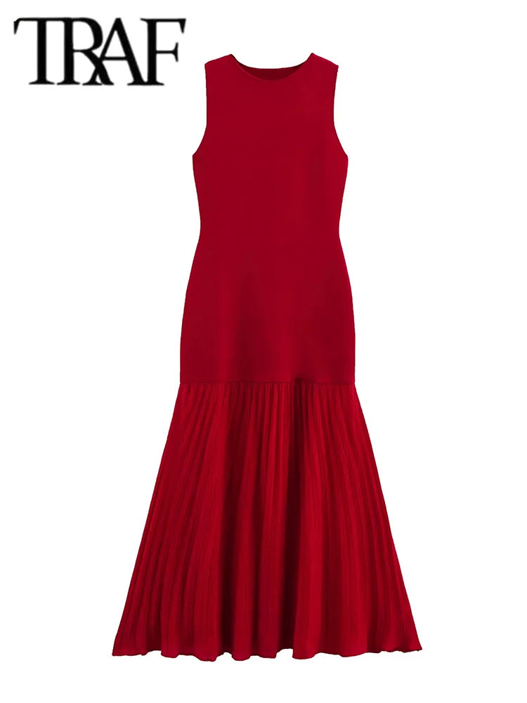 TRAF Spring Summer Womens Dress Pleated Patchwork Simple Temperament Knitted Sleeveless Long Dresses for Women 250520