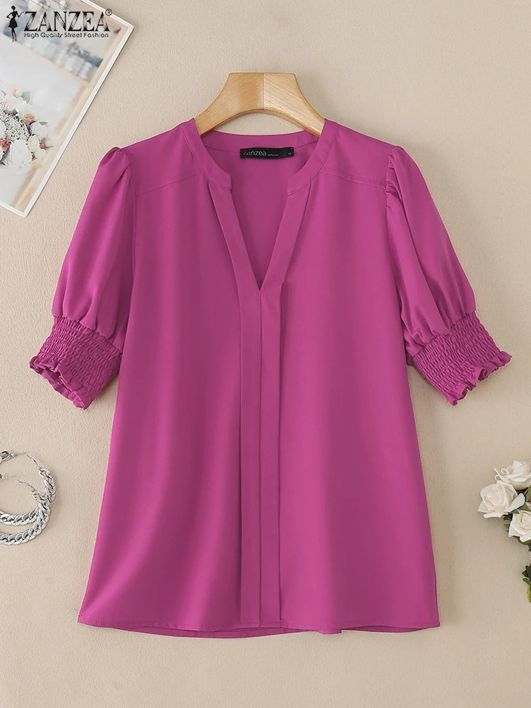 ZANZEA Stylish Women V Neck Short SleeveBlouse Summer Solid Shirt Elegant Work OL Tunic Tops Casual Holiday Beach Blusas 250520