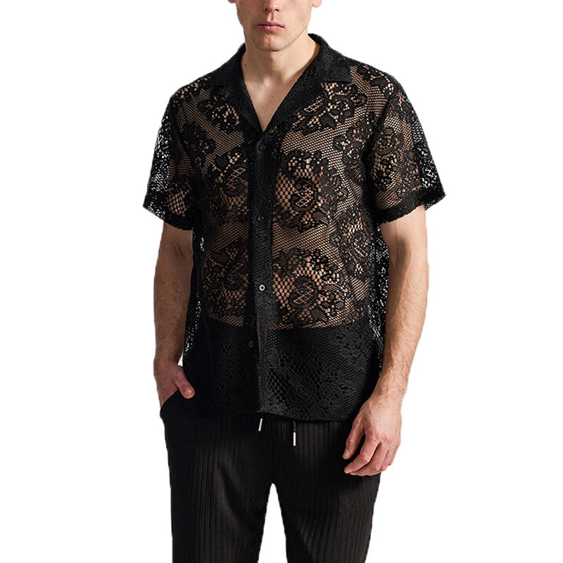 Summer Mens Mesh Lace Knit Short Sleeve Shirt Streetwear HollowOut Dance Perspective Shirts Nightclub Disco Performance Tops 250520