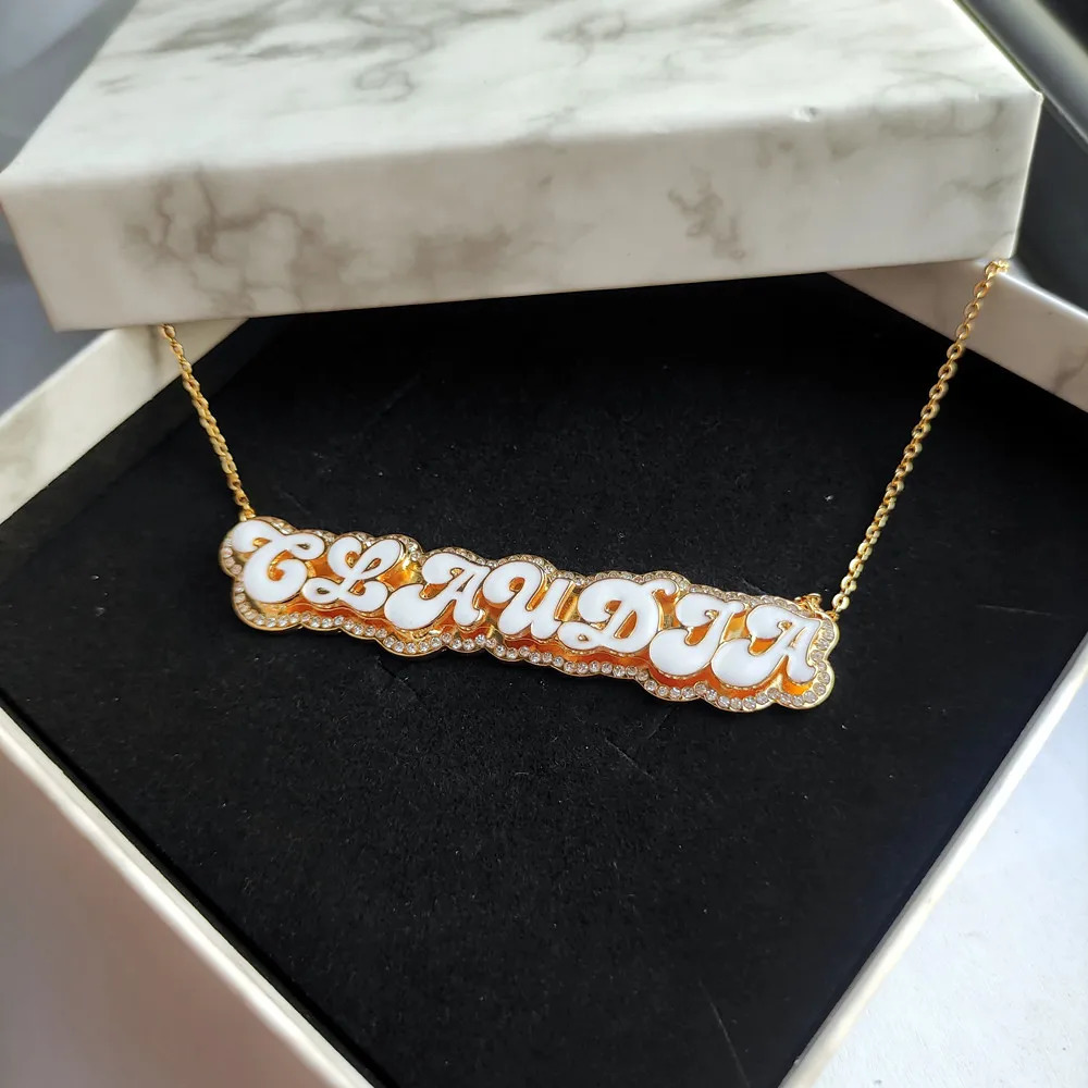 DUOYING Custom Enamel Name Necklace With Rhinestone Gold Plated Double Pendant Enamel Necklace For Women Jewelry Christmas Gift 250520