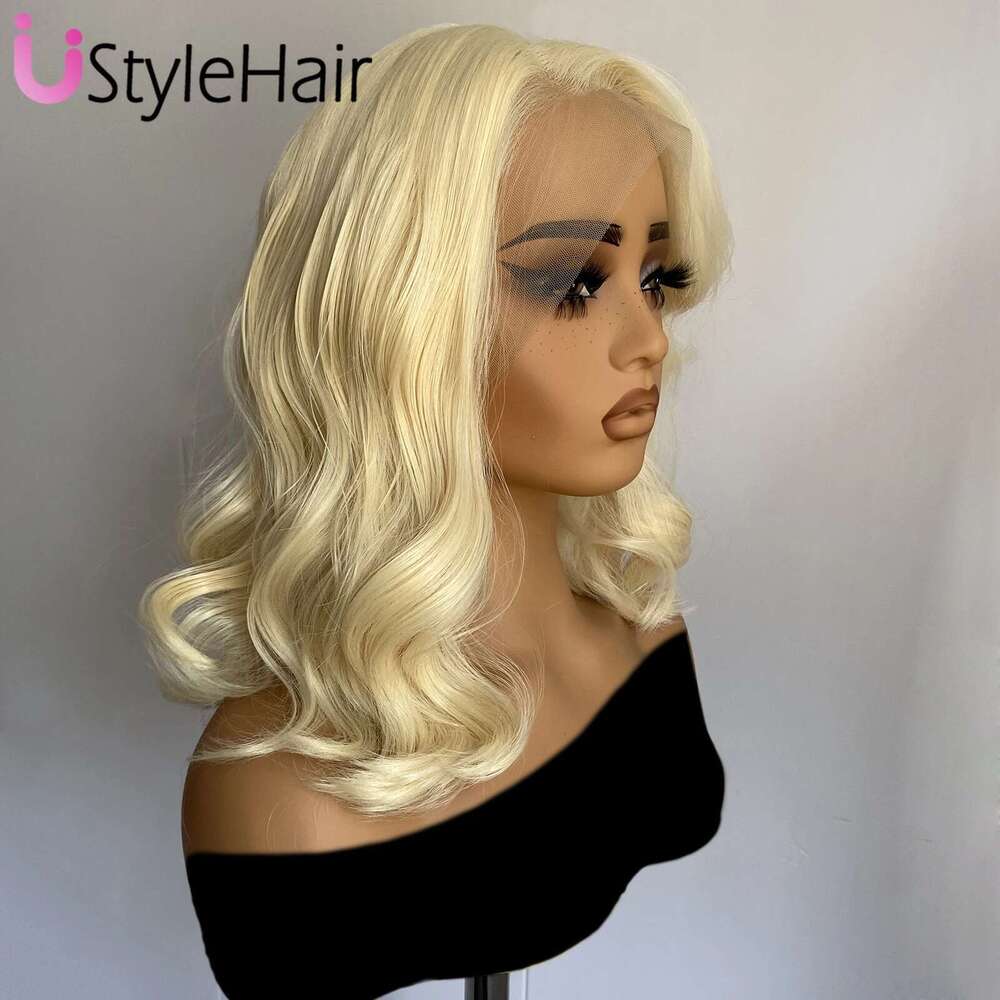 613 Blonde Short Wave 13x4 Bob Front Wig Glueless Side Part Synthetic Frontal Lace Wigs for Black Women Daily Wear