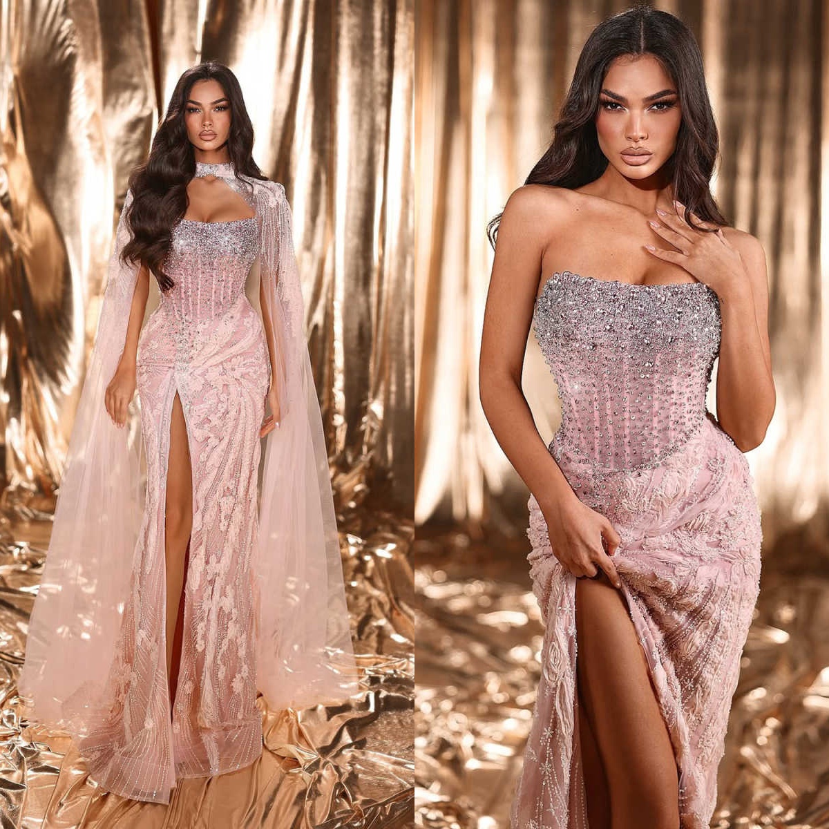 Designer A Line Evening Dresses For Women Strapless Long Sleeves Gown Crystal Appliques Split Side Dress Party Customized Dress