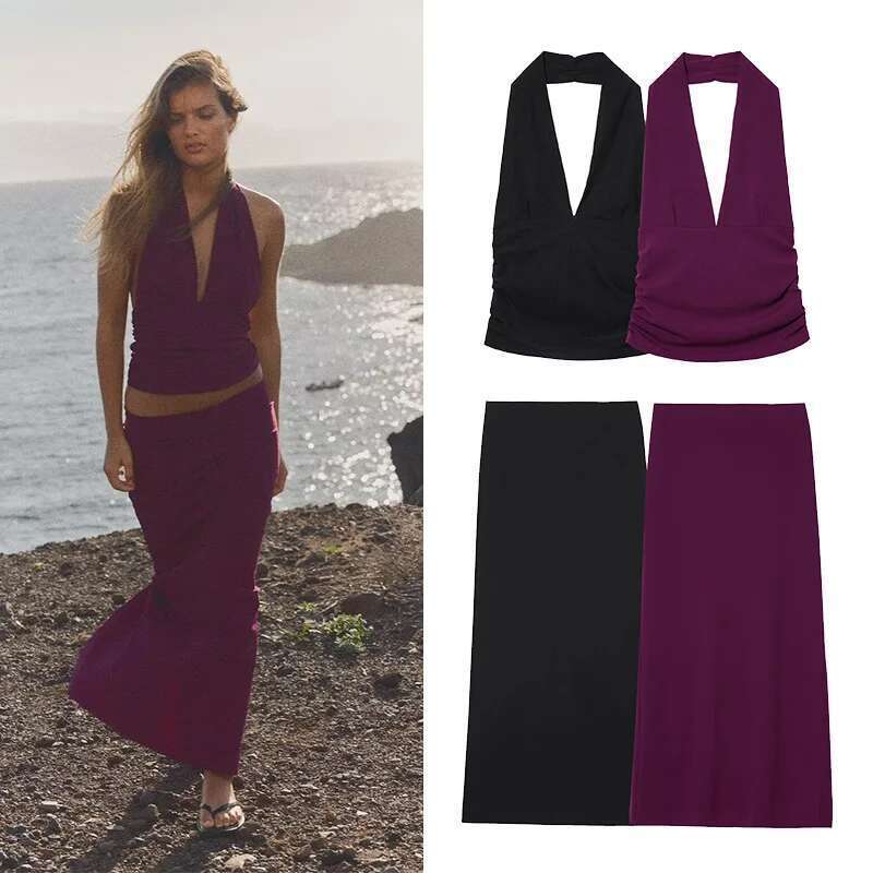 TRAF Elastic Skirt 2 Halter Backless V Neck Women's Top High Waist Midi Skirts Two Piece Set Women Outfit