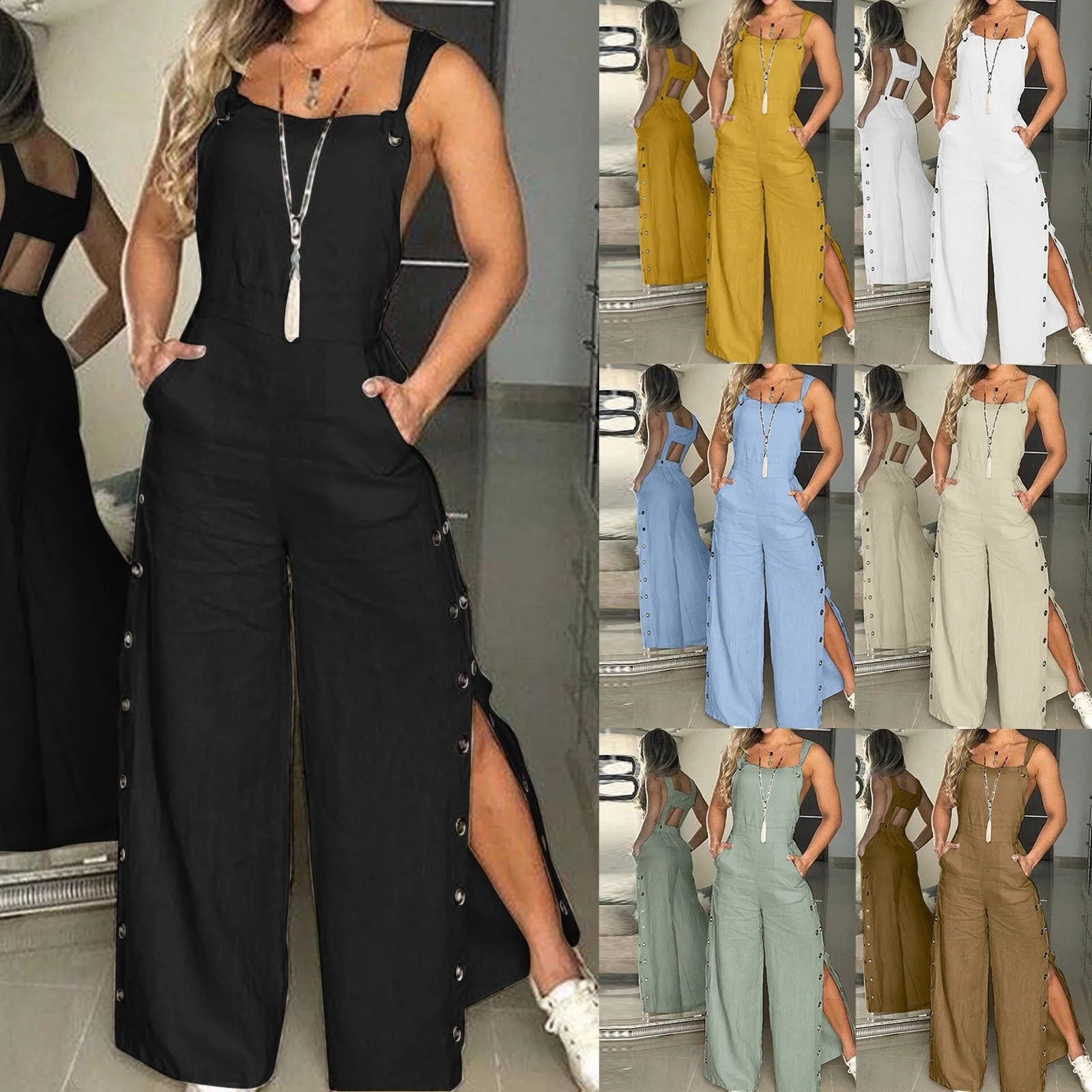 Womens Summer Sleeveless Cotton Linen Playsuits Strappy Side Button Opening Overalls Loose Long Wide Leg Pants Female Jumpsuits 250519