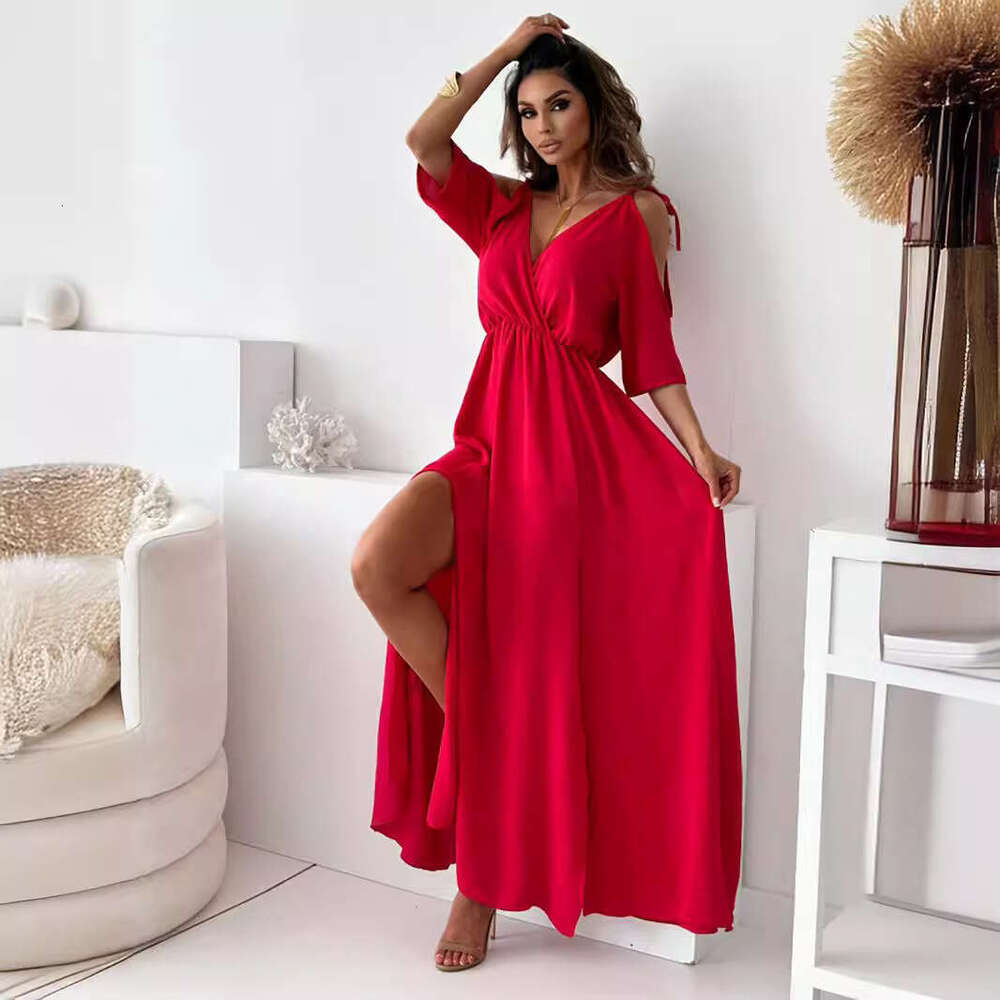 Halter Dress V Neck Skirt Slit With Off Shoulder Sleeves And Sexy Suspender Dress Maxi Dress