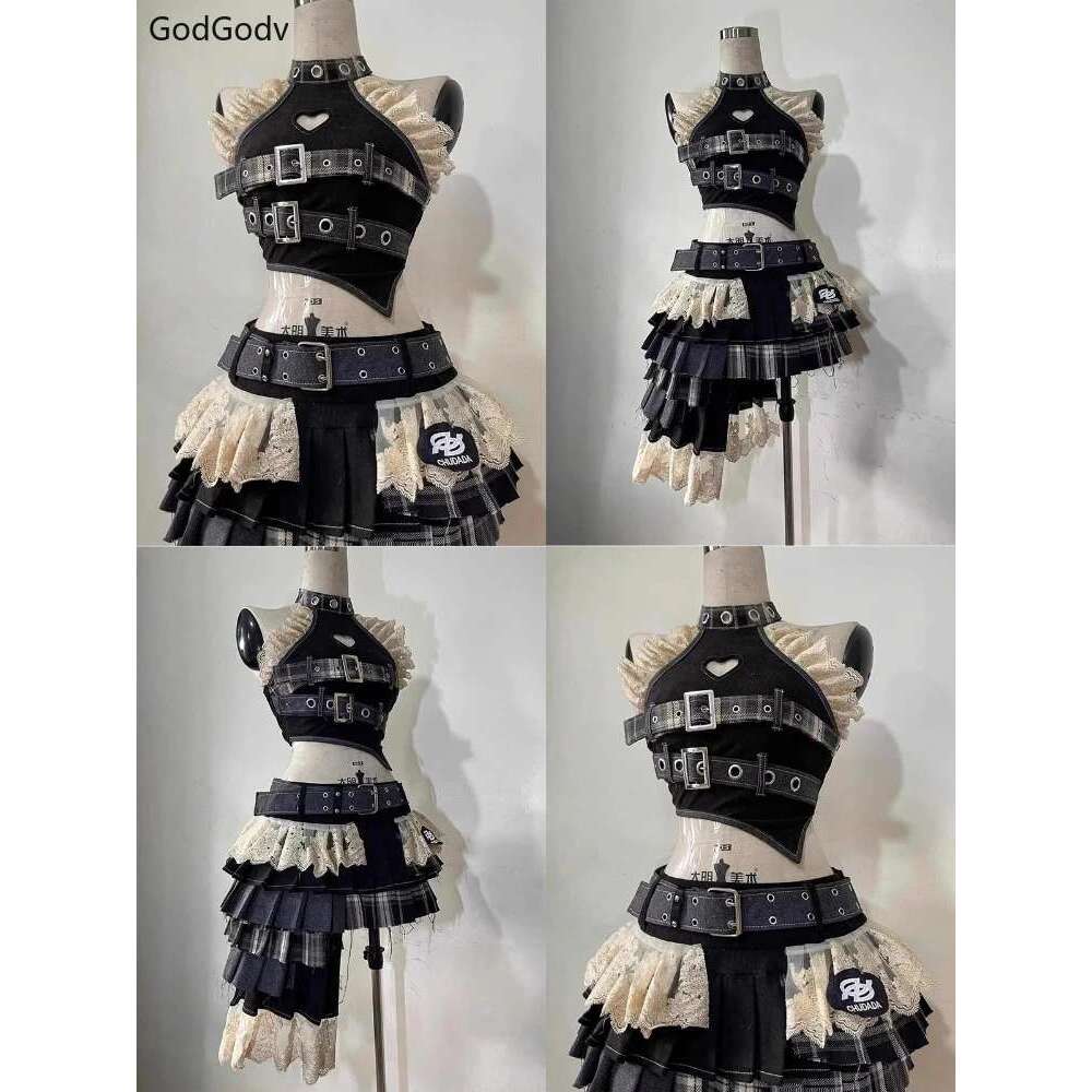 Sweet Kawaii 2 Piece Sets Women Japanese Y2k Brown Retro Tops + Chic Mini Cake Skirt Female Princess Elegant Outfits Spring 2025