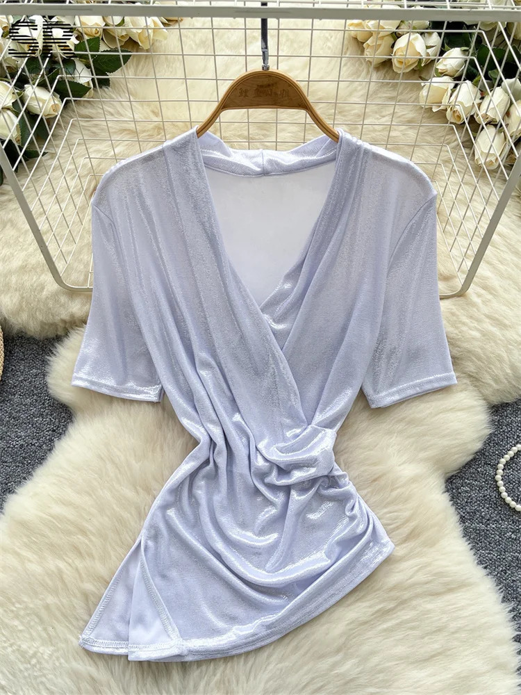 SINGREINY Women Sexy Streetwear Blouse Ladies Short Sleeves V Neck Split Shirts Summer Fashion Girl Slim Irregular Tops 250520
