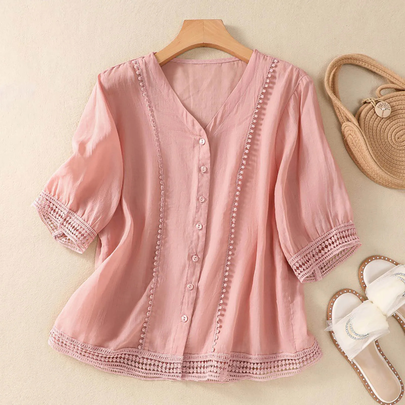 Womens Floral Embroidery Shirts 34 Sleeve Round Neck Vintage Flowing Tops Female Breathable Loose n Retro Blouses 250514