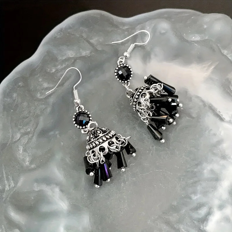 Chic Tassel Lantern Earrings - Exquisite Black Chandelier Drops Dangling Ethnic Style Hooks Hypoallergenic for Sensitive Skin 250520