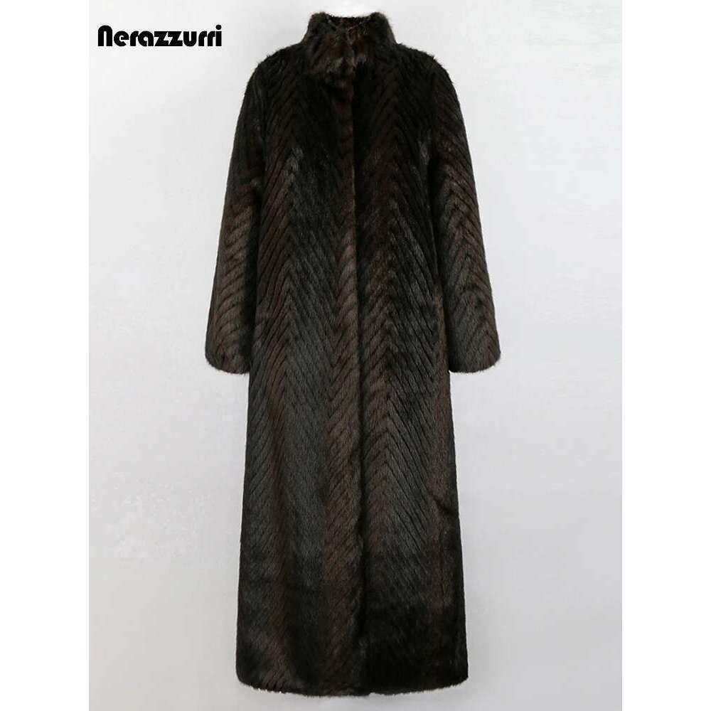 Nerazzurri Winter Extra Long Thick Warm Elegant Striped Fluffy Faux Mink Fur Coat Women Stand Collar Maxi Overcoat 2022