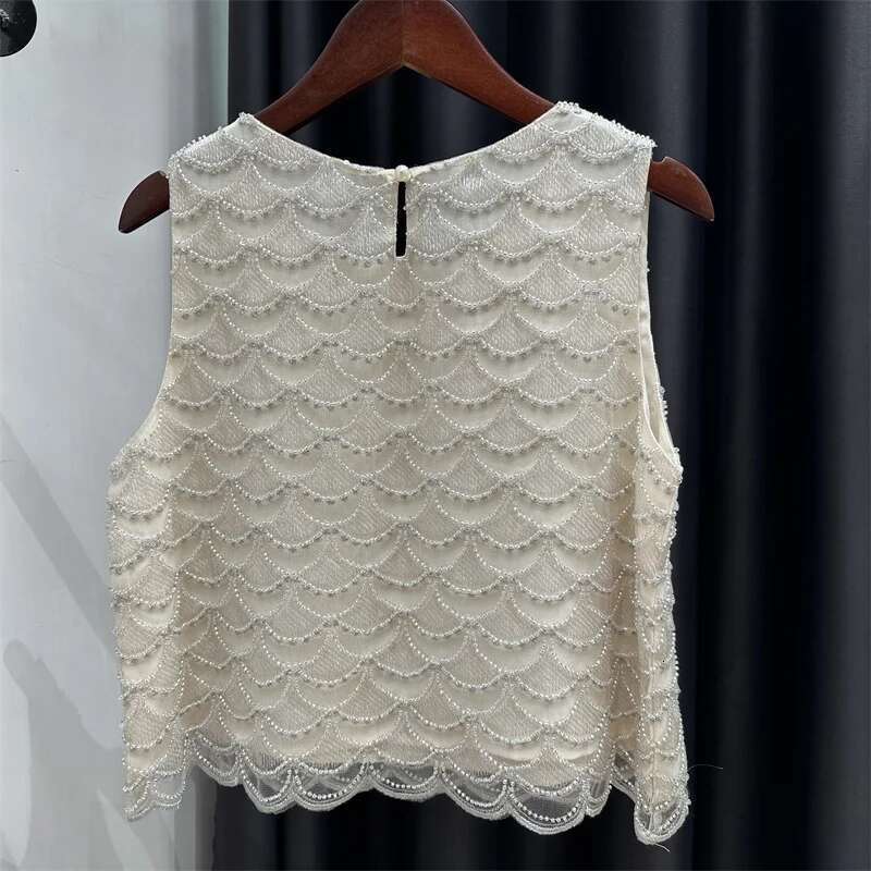 Bling Sequined Tanks Tops Women Fashion Heavy Industry Double-Sided Vest Vacation Leisure Beaded Chiffon Top