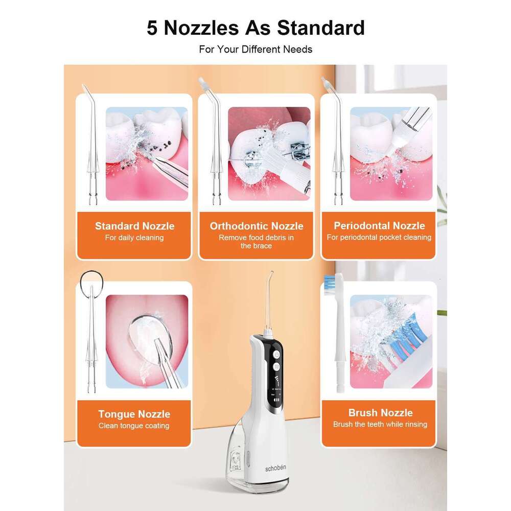 Schoben Oral Irrigator Portable Flosser IPX7 Waterproof Rechargeable 5 Modes Teeth Cleaner 330ML Dental Water Jet