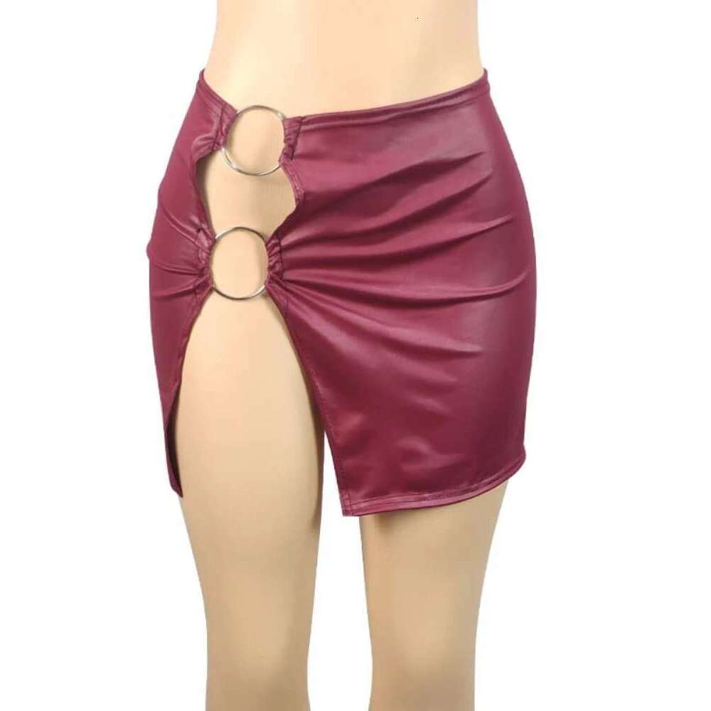 PU Imitation Leather Metal Ring Side Split Mini Women High-Waist Fitess Slim Skirts Vintage Bodycon Skirt Club Party
