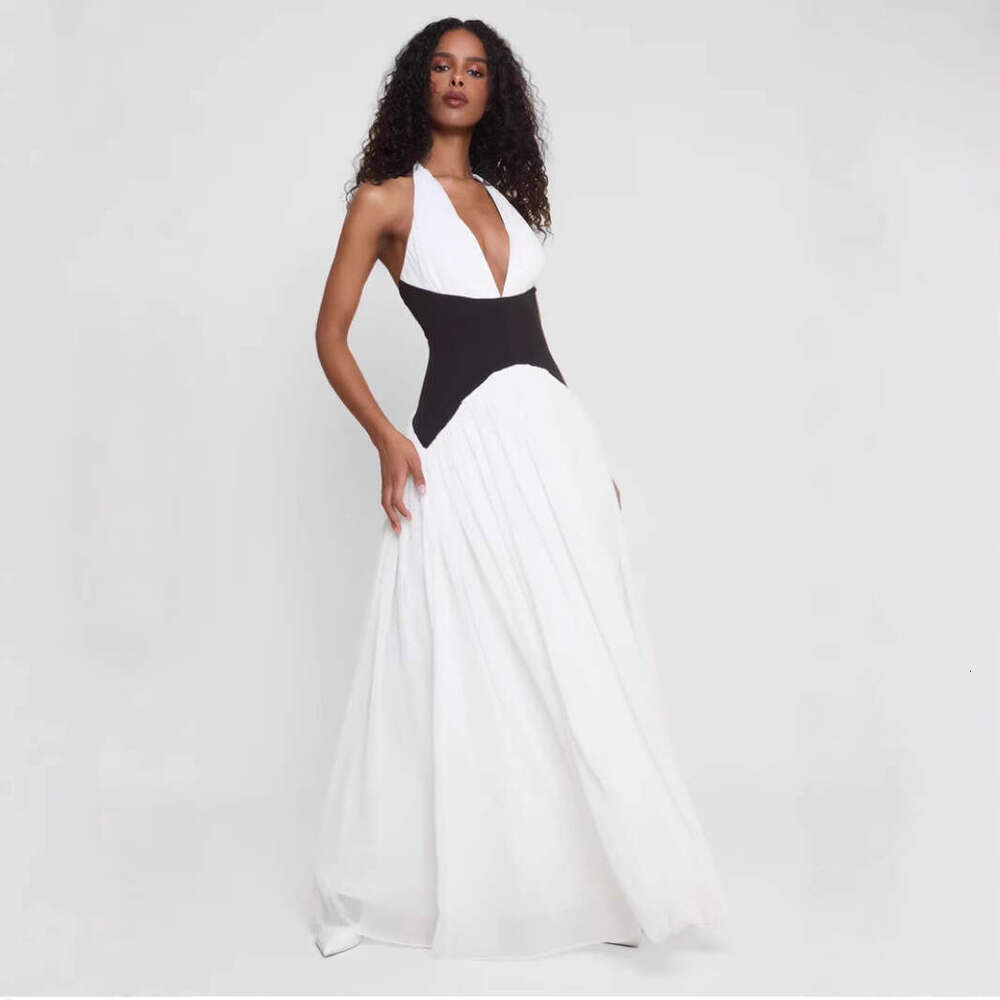 Color blocking sexy vacation hanging neck deep v backless long dress, dress 2025 new casual versatile fashion clothing