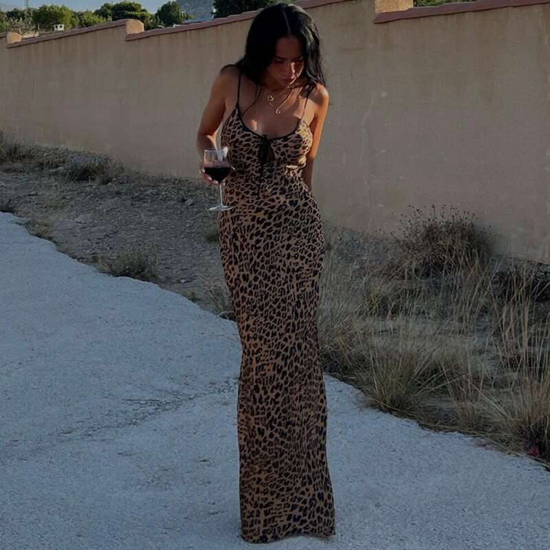 Halter Dress American Summer Women S Style Sexy Bag Hip Skirt Fashion Strap Back Leopard Pattern Dress Maxi Dress