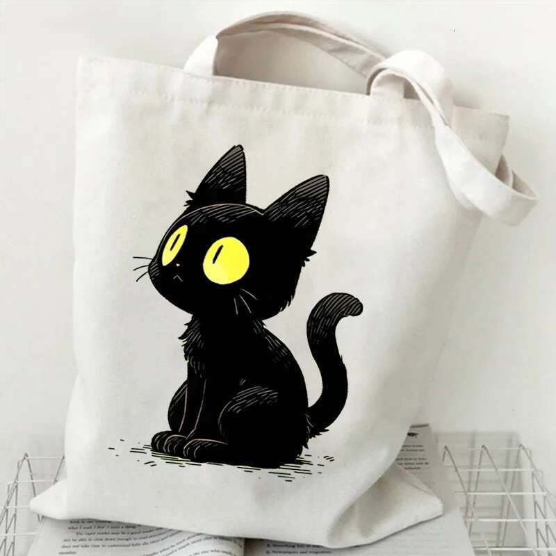 Canvas Tote Anime Black Cat Print Shopping Women Graphic Casual Fashion Teen Handbag Cartoon Kitten Side Bag for Ladies