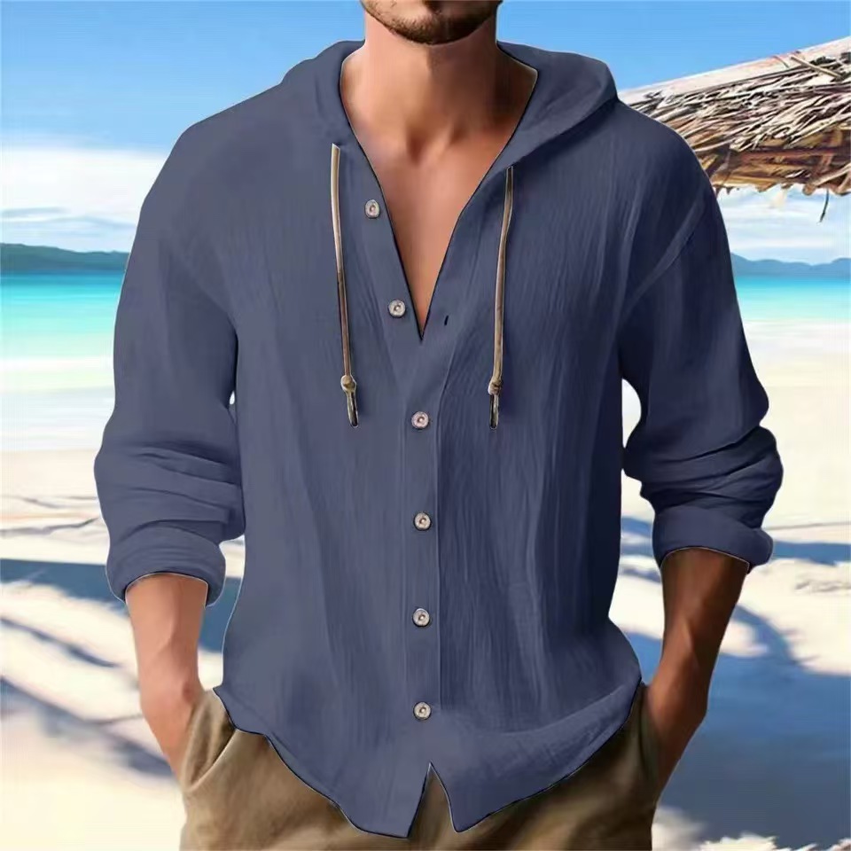 2025 New Spring Summer Men's Hooded T-Shirt Pure Color Cotton Linen Men's Casual Long-Sleeved Top