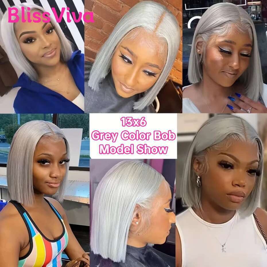13x6 Short Sier Grey Front Wigs Pre Plucked Ash Gray Blonde 613 Lace Frontal Human Hair Bob Wig