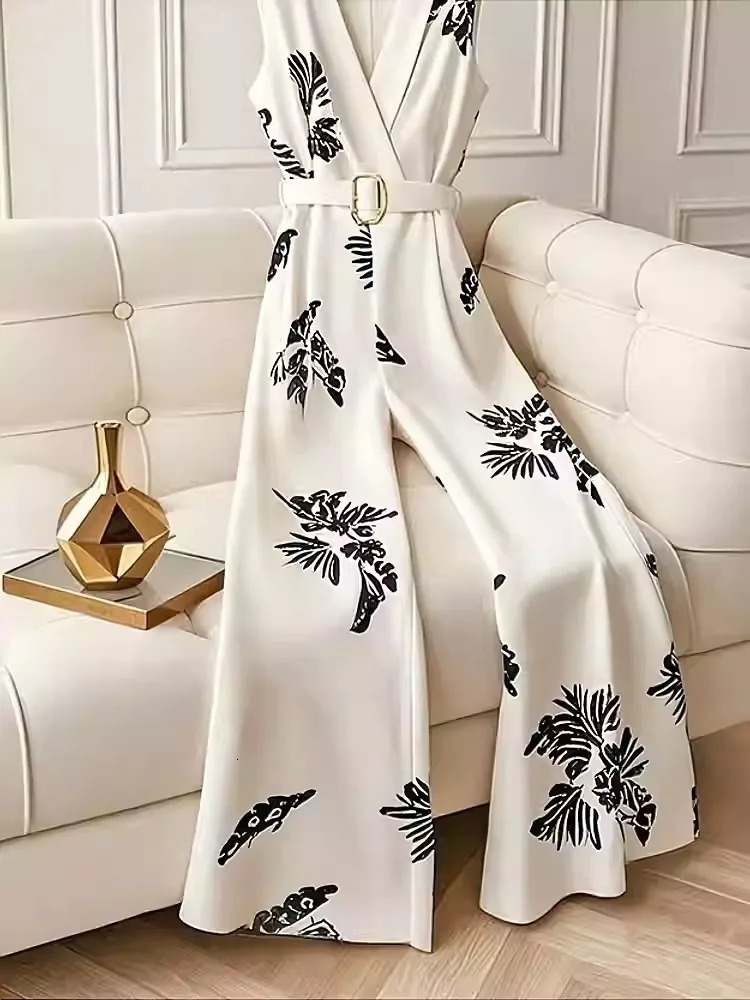 White Printed Jumpsuit For Women In Summer High-End Style Old-Fashioned Style Hanging And Elegant Pants 250520