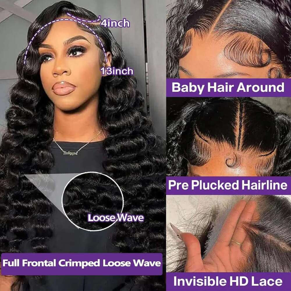 Rosabeauty Loose Deep Frontal Wave Curly 13x4 Full HD Wig Preplucked Human Hair 13X6 Lace Front Wigs For Women