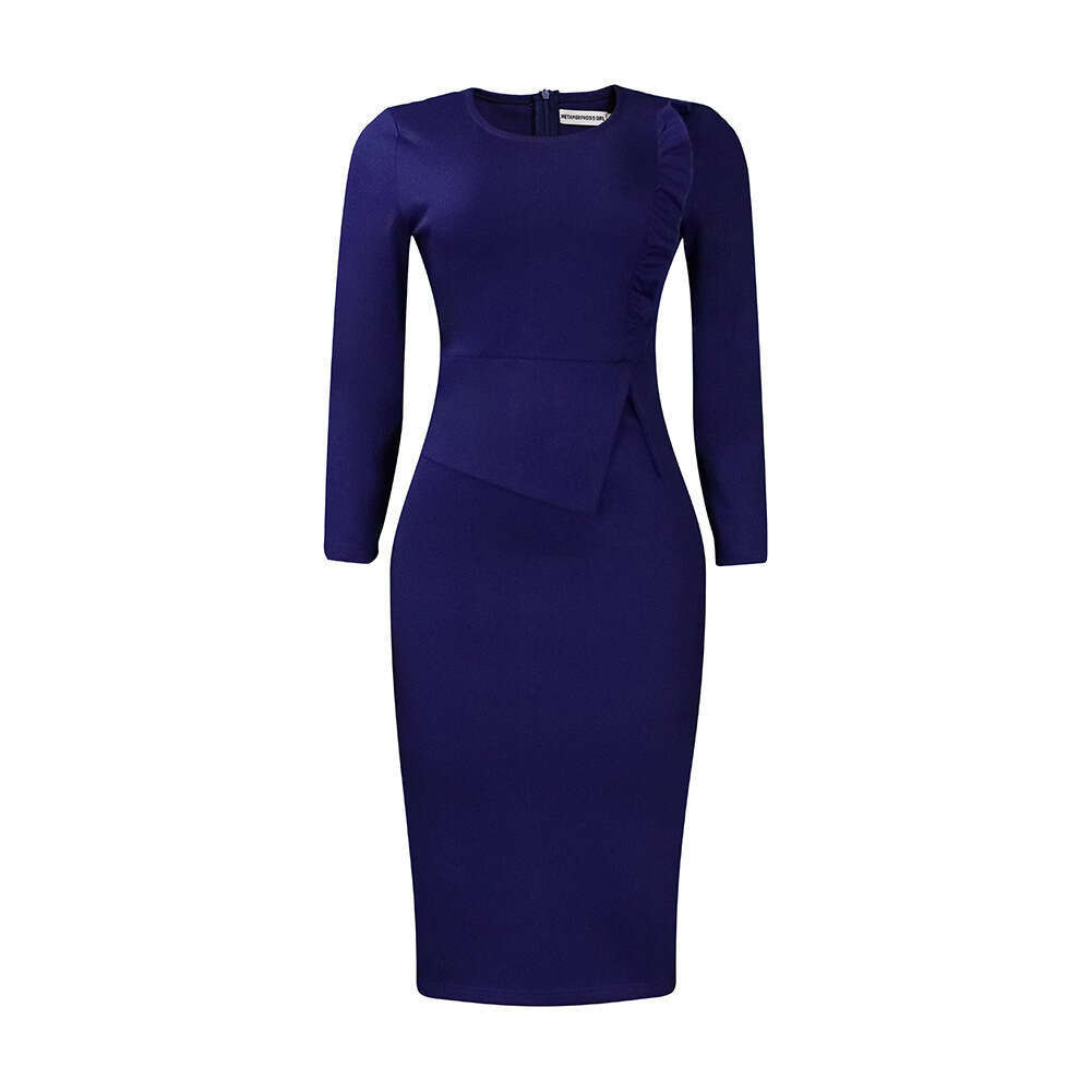 Women's Wear Large Women's Wear Spring Wood Ear Solid Round Neck Wrap Hip Office OL Commuter Dress