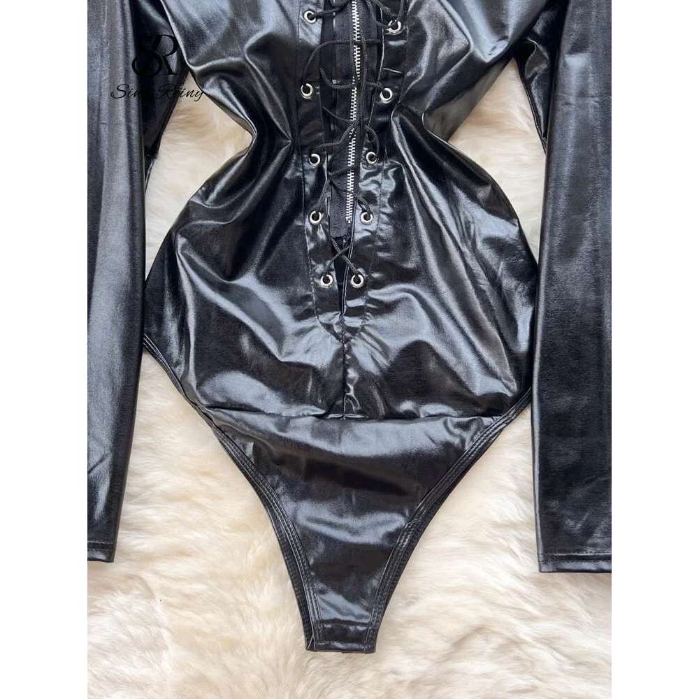 SINGREINY Autumn Drawstring PU Leather Sexy Rompers Women Zipper Open Crotch Slim Bodysuits Fashion Corset Streetwear Playsuits