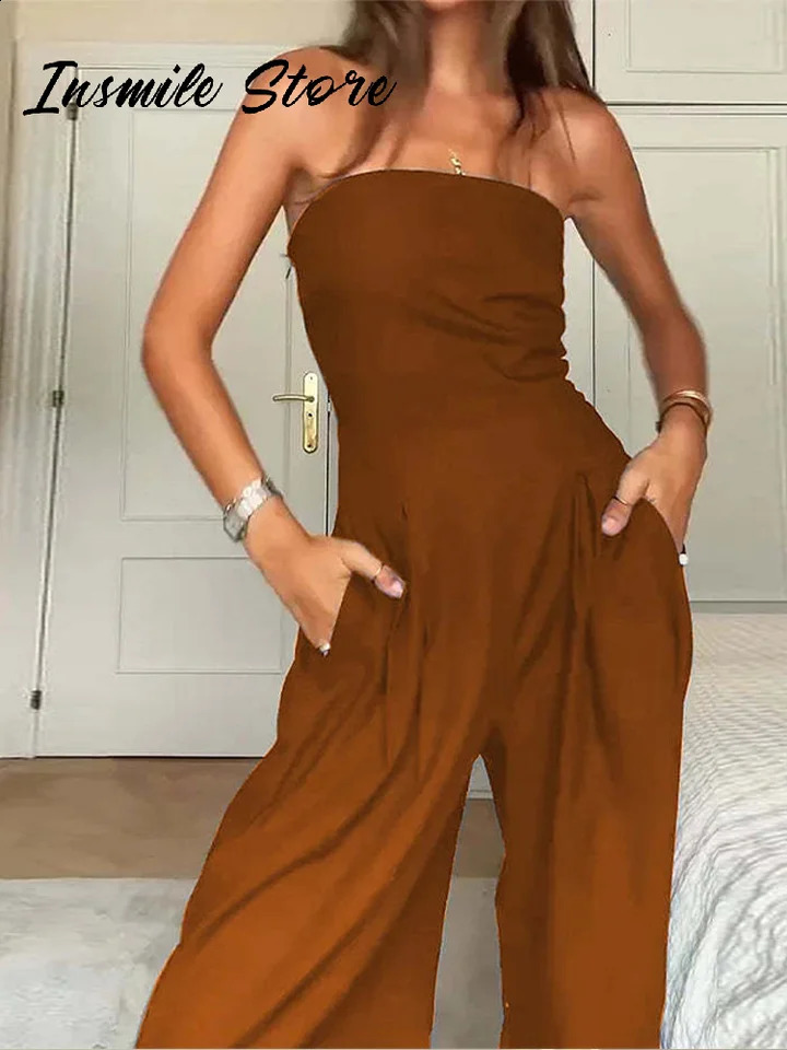 Casual Women Playsuit Sleeveless Backless Wide Leg Solid Pleated Female Strapless Jumpsuit 2025 Summer Chic Lady Playsuits 250519