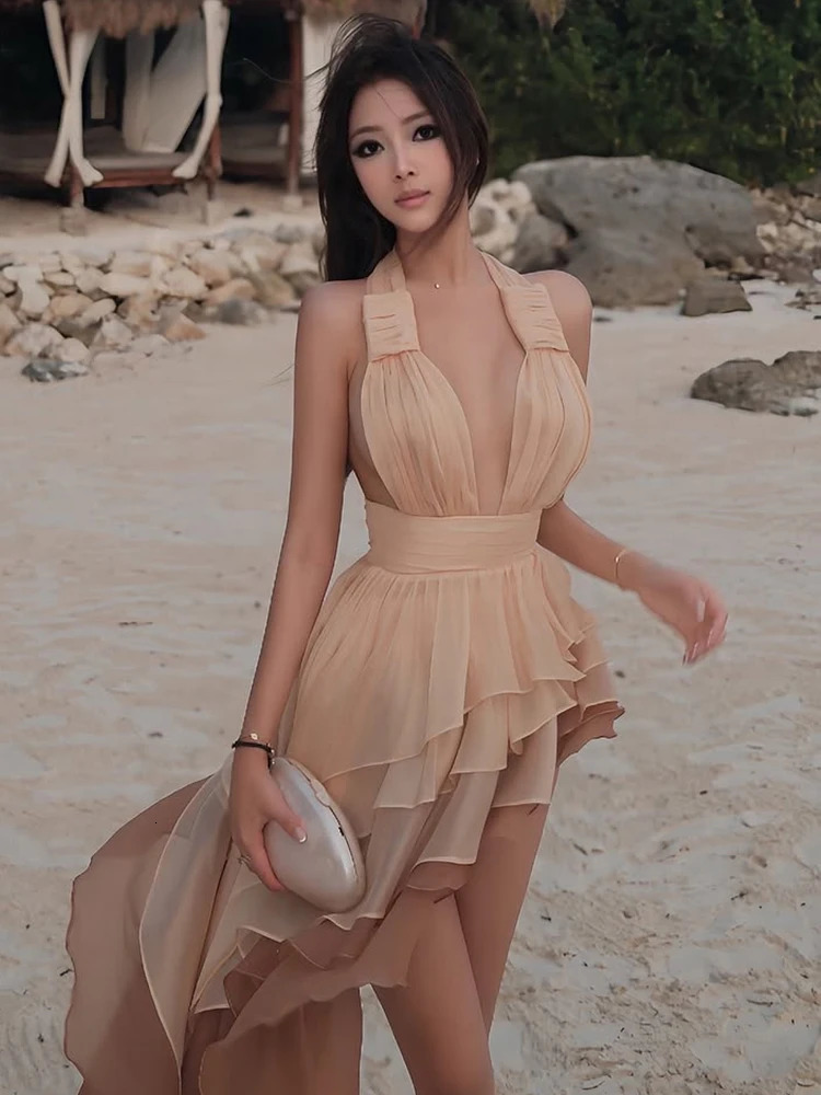 Weird Puss Tierred Tassel Dress Women Backless Sleeveless Halter Gradient Color Lace Pleated Sexy Beach Vacation Party Bodycon 250520