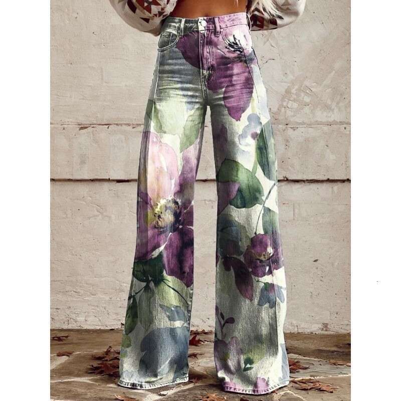 Women's oversized imitation denim 3D printed casual wide leg pants, flared pants