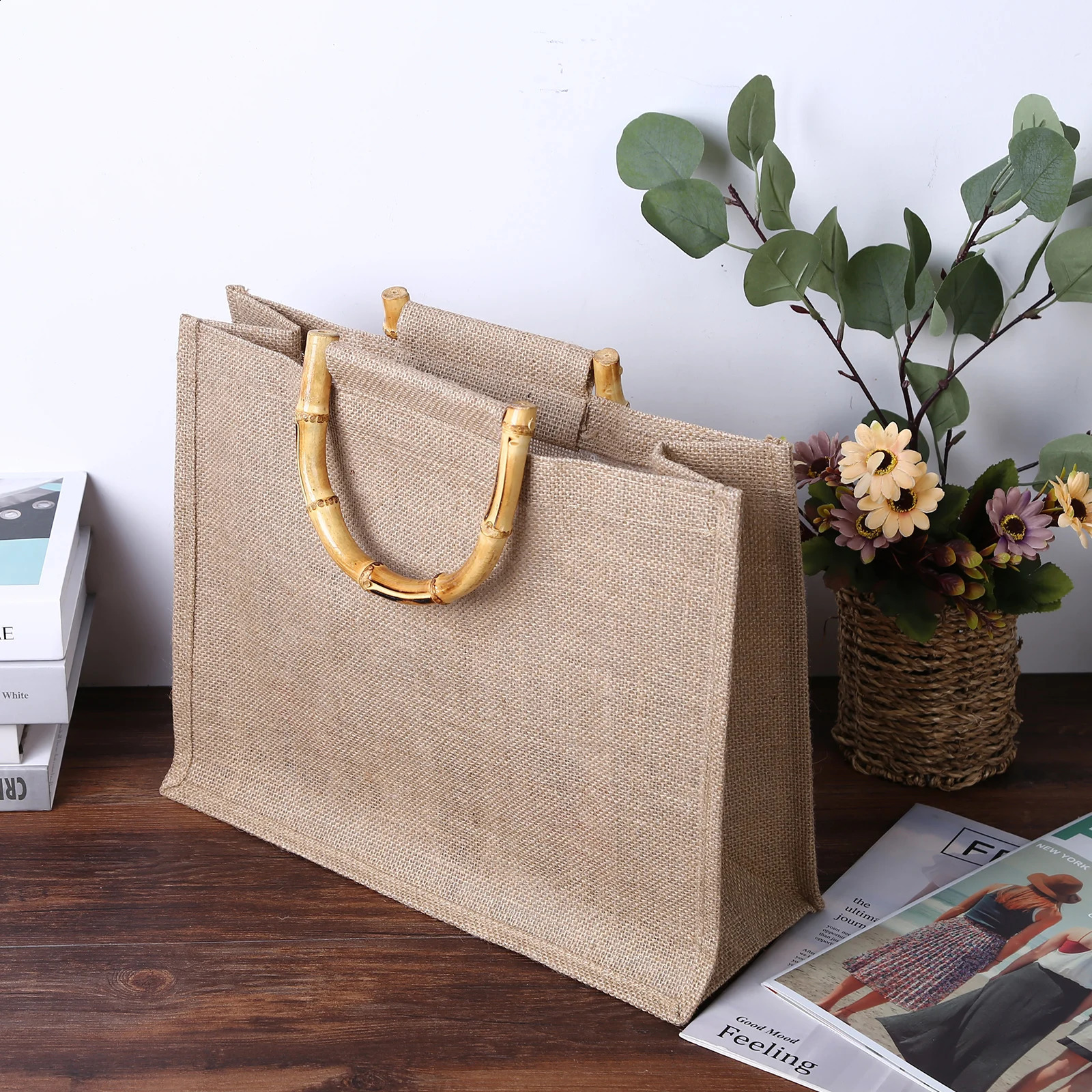 Eco Friendly Tote Bag Portable Burlap Jute Shopping Bag Handbag Bamboo Loop Handles Tote Retro Women Shopping Shoulder Bag 250516