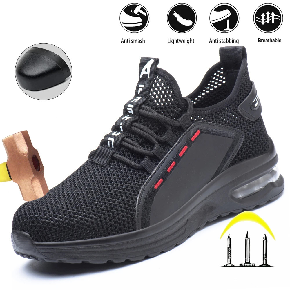 Mens Summer Mesh Safety Shoes Steel Toe Anti- Crush Breathable Lightweight Work Shoes Knitted Upper Insertion Proof 250519