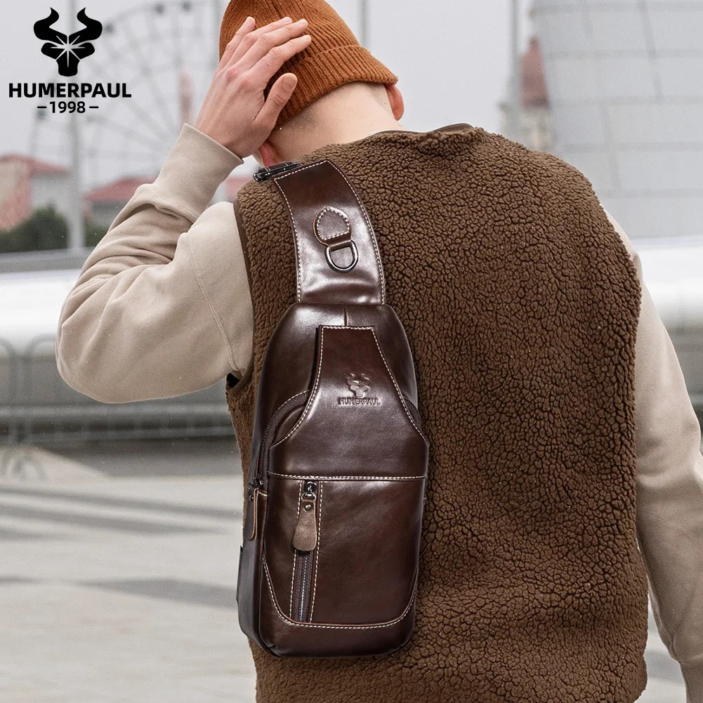 HUMERPAUL Mens Chest Bag Crossbody Pack Genuine Leather Large Capacity Casual Messenger Bag Retro Men Handbag Shoulder Bag 250519